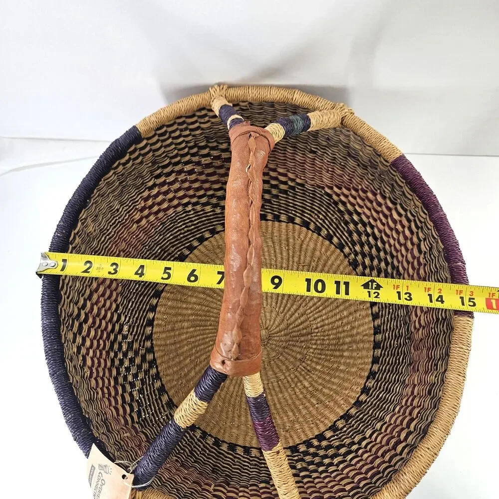 Large‎ Hand Woven Natural African Market Basket Leather Handle 16” Reshapeable